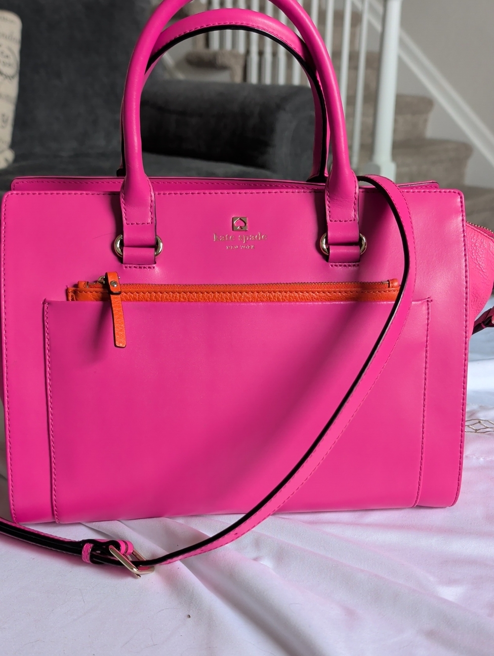 kate spade Hot Pink Leather Satchel with Orange Zip Accent